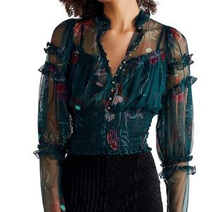 NWT Free People Time For Shine Smocked Mesh Top